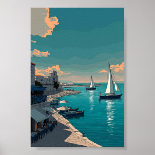 Mediterranean Harbor Scene - Sailboats and Coastal Poster