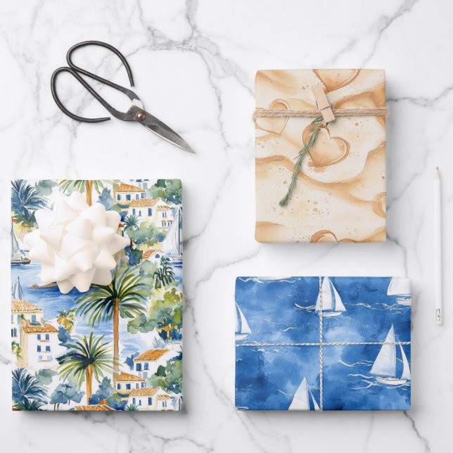 Mediterranean Hearts Sand Bridal Shower Wrapping Paper Sheets (Front)