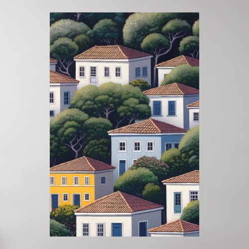 Mediterranean Hillside Village Colorful Houses Art Poster