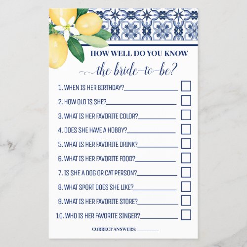 Mediterranean How well do you know Bride Game Card Flyer