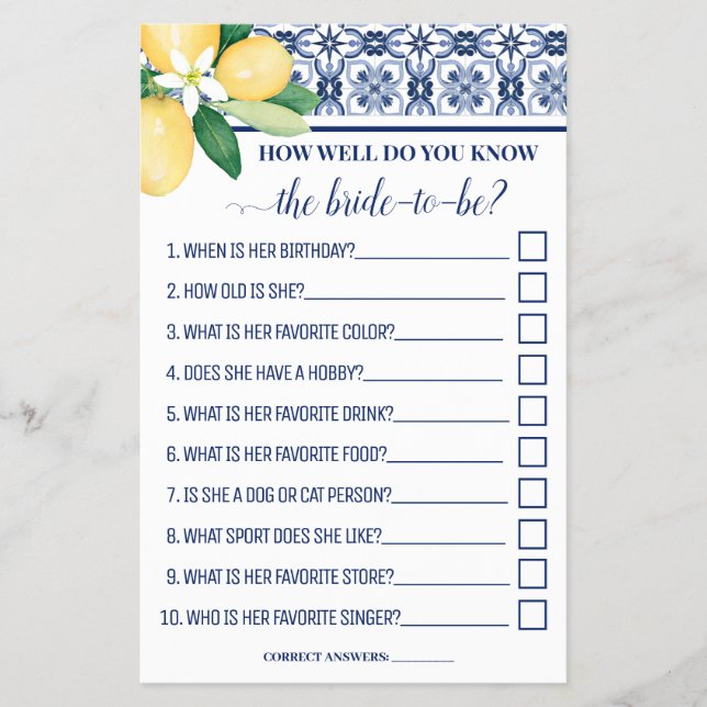 Mediterranean How well do you know Bride Game Card Flyer (Front)