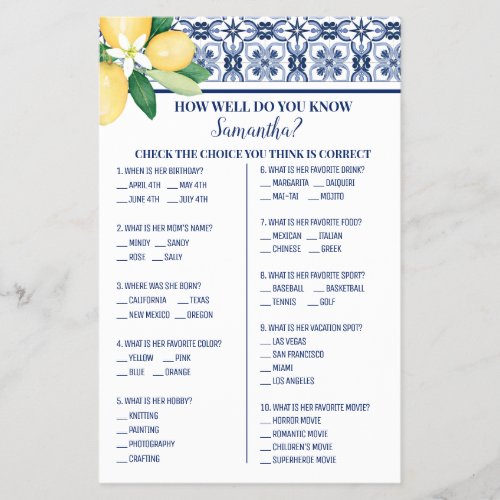 Mediterranean How well do you know Bride Game Card Flyer