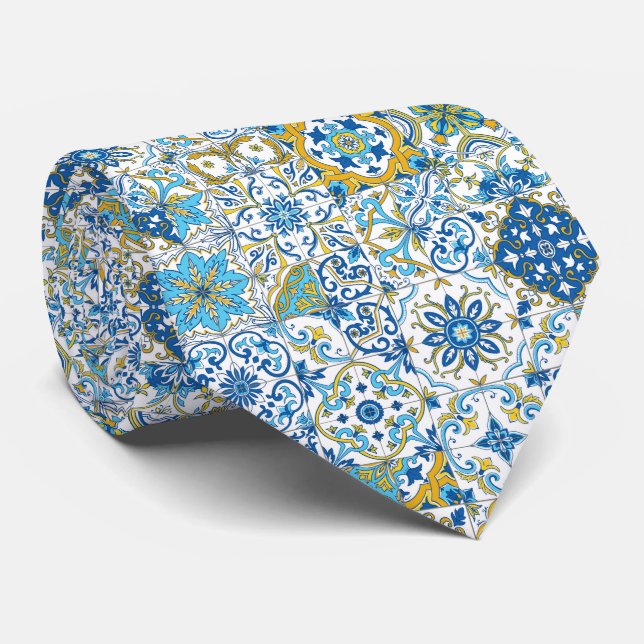 Mediterranean hues/ Azulejo tiles Neck Tie (Rolled)