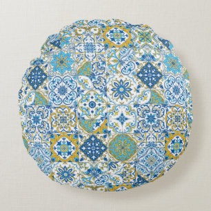 Mediterranean hues/ Azulejo tiles Round Pillow