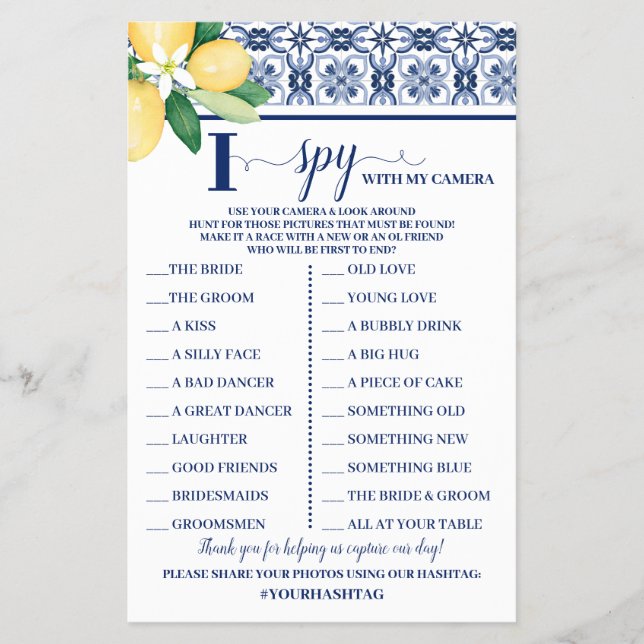 Mediterranean I Spy Wedding Reception Game Card Flyer (Front)