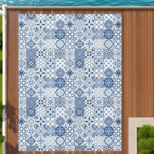 Mediterranean Indigo Blue Azulejo Mosaic Tiles Outdoor Rug