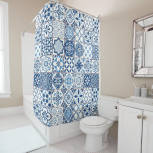 Mediterranean Indigo Blue Azulejo Mosaic Tiles Shower Curtain
