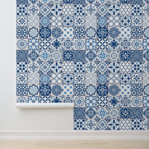 Mediterranean Indigo Blue Azulejo Mosaic Tiles Wallpaper