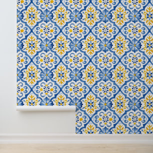 Mediterranean Inspired Blue Yellow Tile Pattern Wallpaper