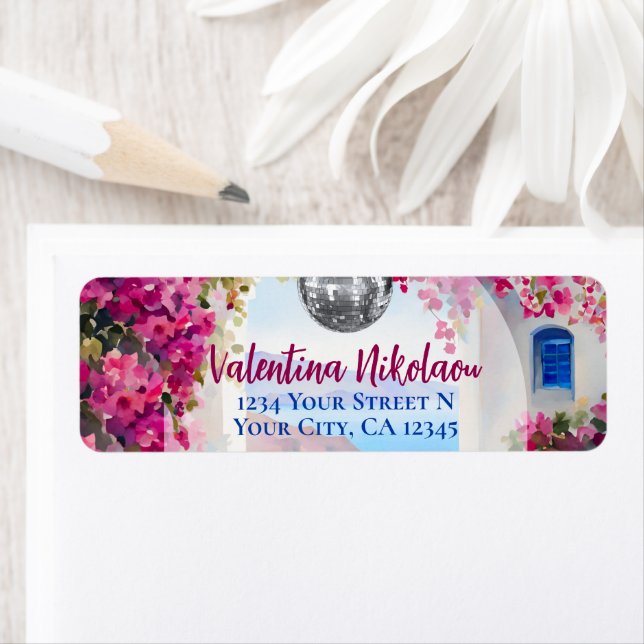 Mediterranean Island Pink Flowers Disco Ball Label (Insitu)