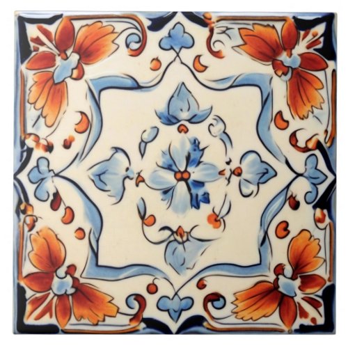 Mediterranean Italian Blue Cream Flower Floral Ceramic Tile