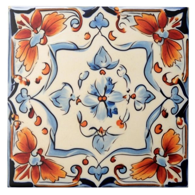 Mediterranean Italian Blue Cream Flower Floral Ceramic Tile (Front)