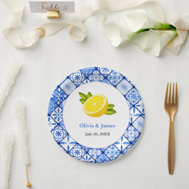 Mediterranean Italian Blue Tile Lemon Wedding Paper Plates (Wedding)