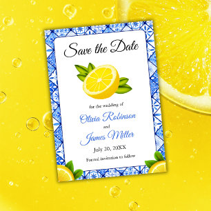 Mediterranean Italian Blue Tile Lemon Wedding Save The Date