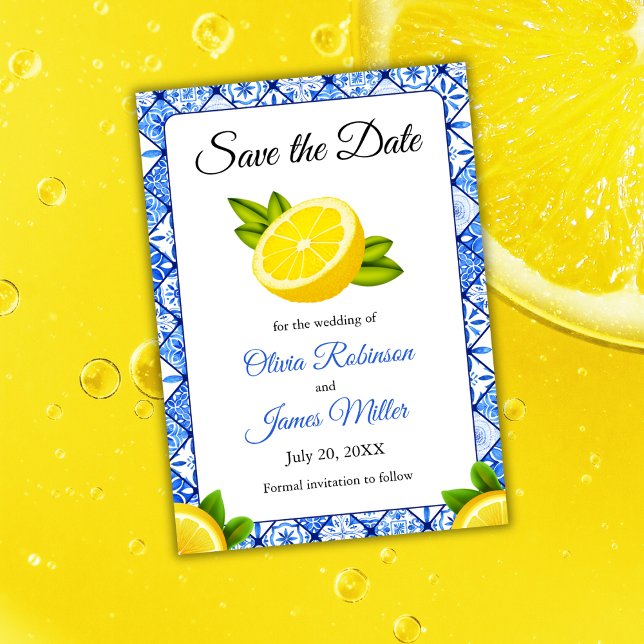 Mediterranean Italian Blue Tile Lemon Wedding Save The Date (Mediterranean Italian Blue Tile Lemon Wedding Save The Date )