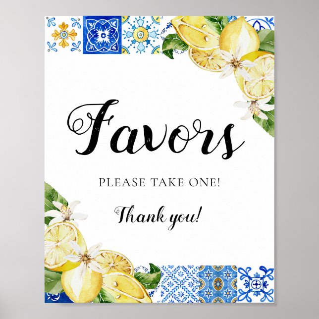 Mediterranean Italian Blue Tile Lemons Favors Sign (Front)