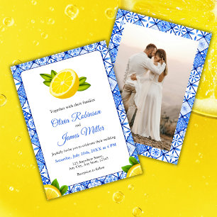Mediterranean Italian Blue Tile Photo Wedding Invitation