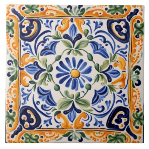 Mediterranean Italian Blue  Yellow Floral Flower Ceramic Tile