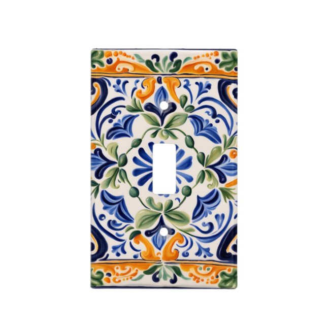 Mediterranean Italian Blue & Yellow Floral Flower Light Switch Cover (Front)