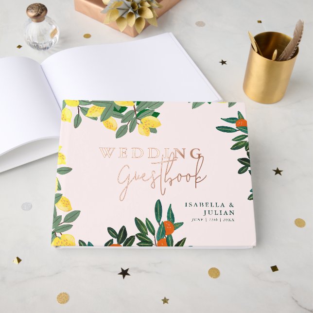Mediterranean Italian Greece Lemon Pink Wedding Foil Guest Book (Front Open)
