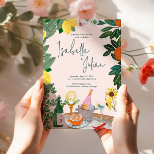 Mediterranean Italian Greece Lemon Pink Wedding Invitation