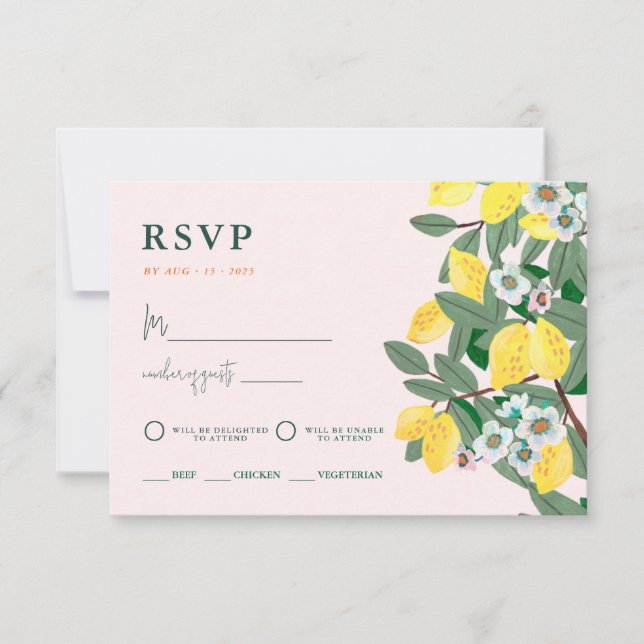 Mediterranean Italian Greece Lemon Pink Wedding RSVP Card (Front)
