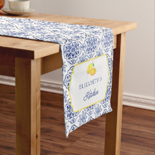Mediterranean Italian Lemon Blue Tile Personalized Medium Table Runner