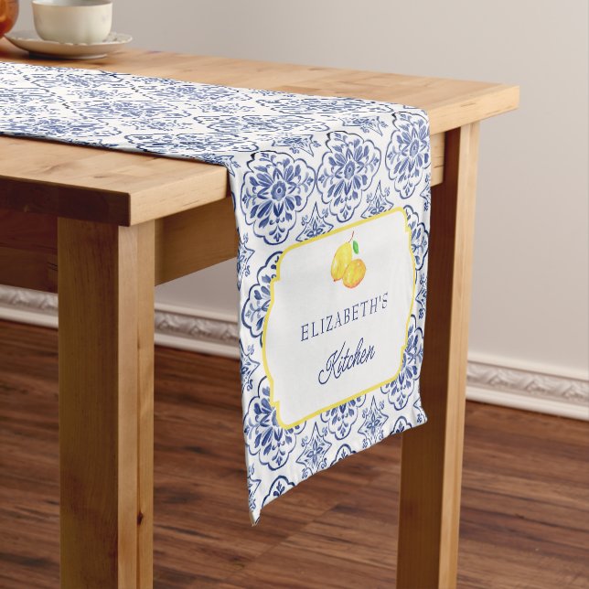 Mediterranean Italian Lemon Blue Tile Personalized Medium Table Runner (In Situ)