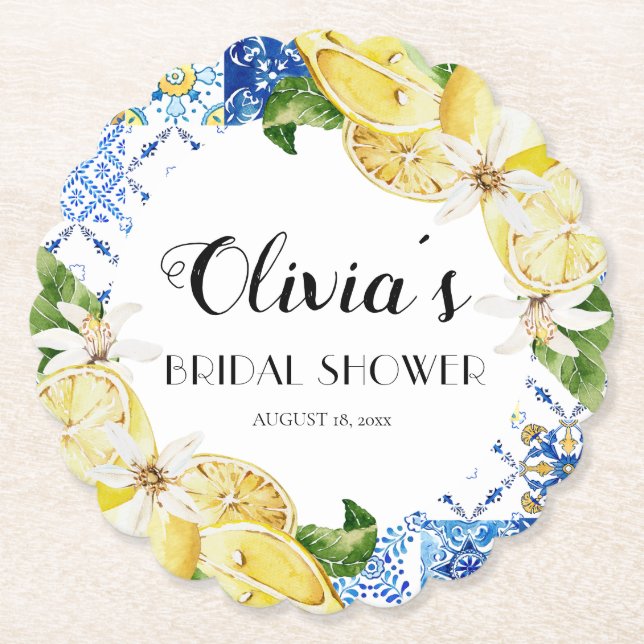 Mediterranean Italian Lemons Bridal Shower Coaster (Front)