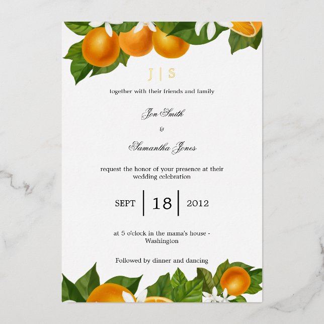 Mediterranean Italian oranges gold Foil Invitation (Front)