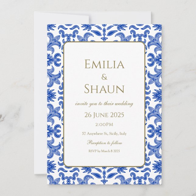Mediterranean Italian Pattern Blue and White Invitation (Front)