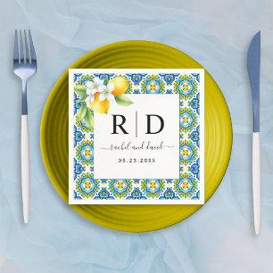 Mediterranean Italian tiles, lemon branch wedding Napkins