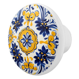 Mediterranean Italian Yellow & Navy Flower Floral Ceramic Knob