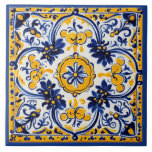Mediterranean Italian Yellow & Navy Flower Floral Ceramic Tile<br><div class="desc">summery sicilian ceramic tile, italian hand painted pattern, mediterranean majolica portuguese design, dark blue and white, summer daisy flowers floral, bold vibrant fun portugal, authentic classic traditional painting, vintage retro antique rustic, folk art spanish mexican talavera, navy golden mustard yellow flower</div>
