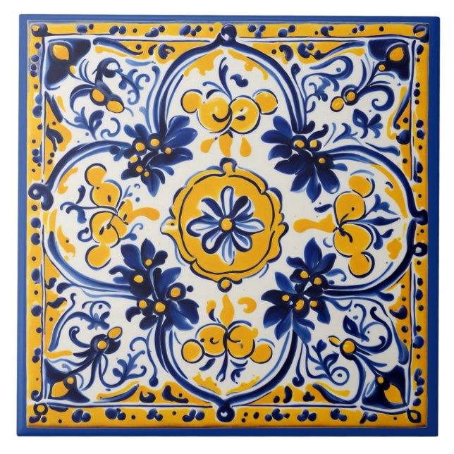 Mediterranean Italian Yellow & Navy Flower Floral Ceramic Tile (Front)