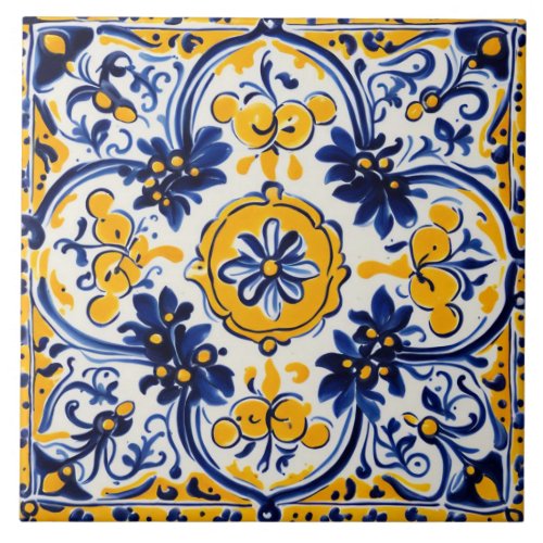 Mediterranean Italian Yellow  Navy Flower Floral Ceramic Tile