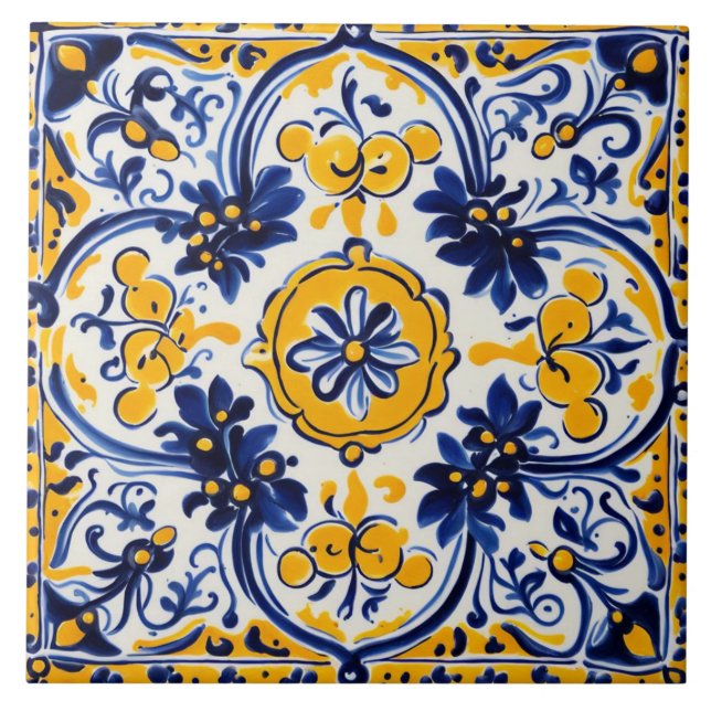 Mediterranean Italian Yellow & Navy Flower Floral Ceramic Tile (Front)