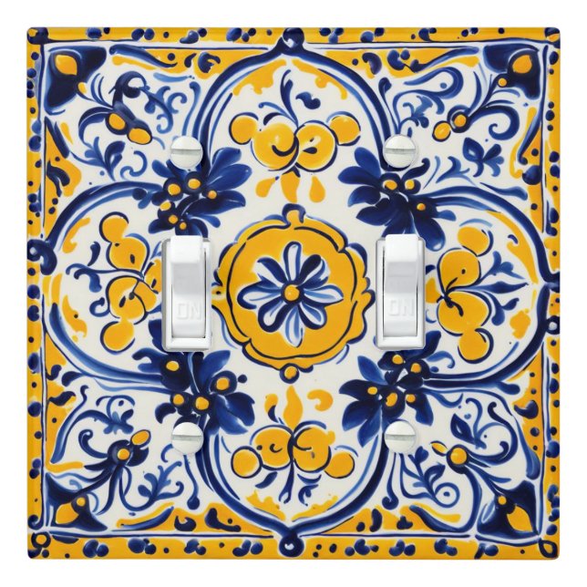 Mediterranean Italian Yellow & Navy Flower Floral Light Switch Cover (In Situ)