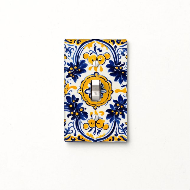 Mediterranean Italian Yellow & Navy Flower Floral Light Switch Cover (In Situ)