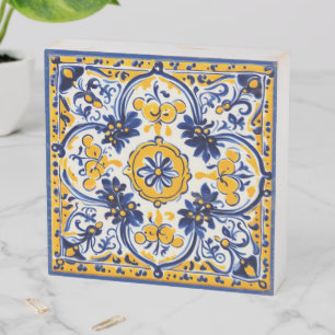 Mediterranean Italian Yellow & Navy Flower Floral Wooden Box Sign