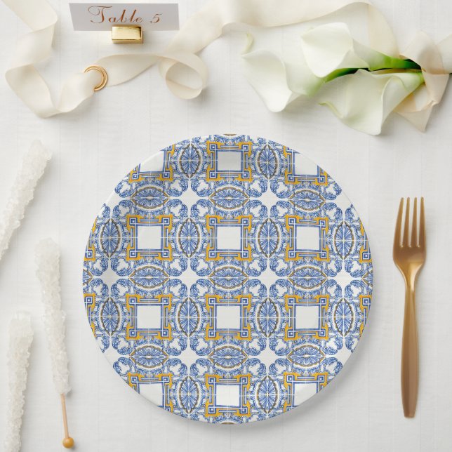 Mediterranean Italy Blue Tiles Bridal Shower  Paper Plates (Wedding)