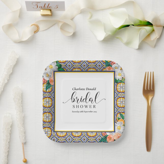 Mediterranean Italy Blue Tiles Bridal Shower  Paper Plates (Wedding)
