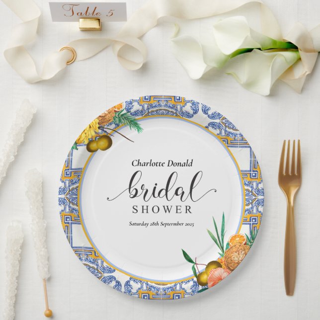 Mediterranean Italy Blue Tiles Bridal Shower  Paper Plates (Wedding)