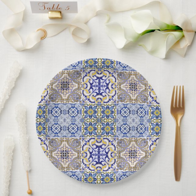 Mediterranean Italy Blue Tiles Bridal Shower  Paper Plates (Wedding)