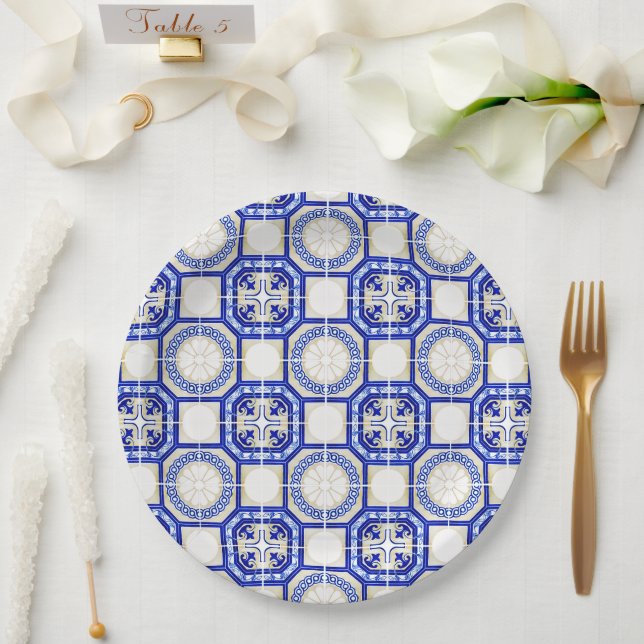 Mediterranean Italy Blue Tiles Bridal Shower  Paper Plates (Wedding)