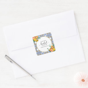 Mediterranean Italy Blue Tiles Bridal Shower  Square Sticker