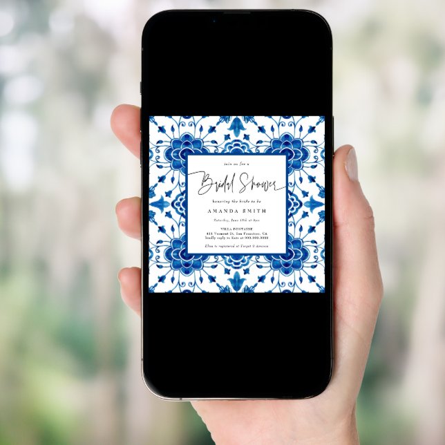 Mediterranean Italy Blue Tiles Greek Bridal Shower Invitation (Front Digital)
