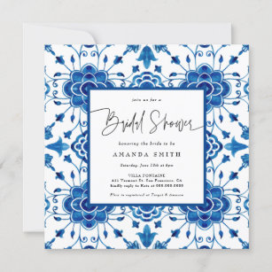Mediterranean Italy Blue Tiles Greek Bridal Shower Invitation