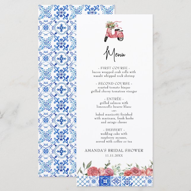 Mediterranean Italy Floral Pink Bridal Shower Menu (Front/Back)