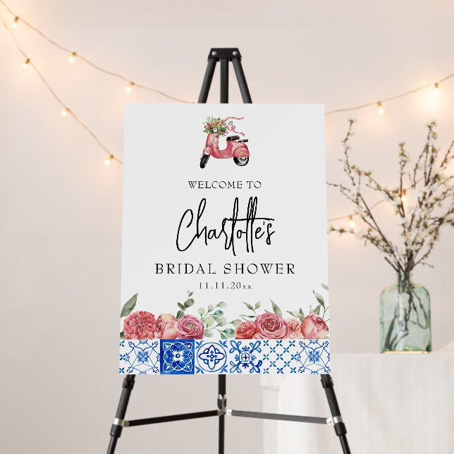 Mediterranean Italy Floral Pink Welcome Sign (In Situ (Stand))